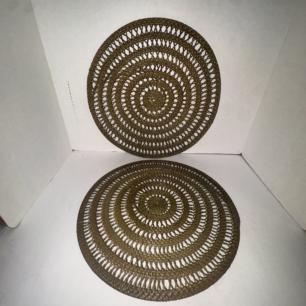 Vintage Woven Rattan Wicker Round Placemats Charger Mats Set of 2 Boho 15”